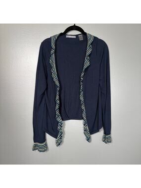 Liz Claiborne Women's Navy Blue Artsy Ruffle Cardigan - Size Large - Lightweight